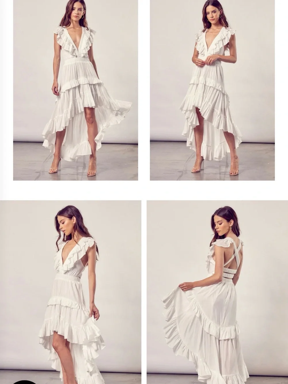 FASHION WHITE V-NECK HIGH LOW RUFFLE CROSS OPEN BACK SLEEVELESS MAXI DRESS - Picture 9 of 10